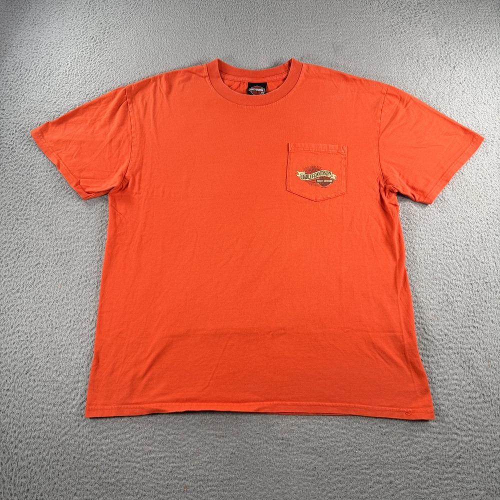 Harley Davidson Shirt Boston MA Mens XL Orange Pocket Graphic Biker Tee